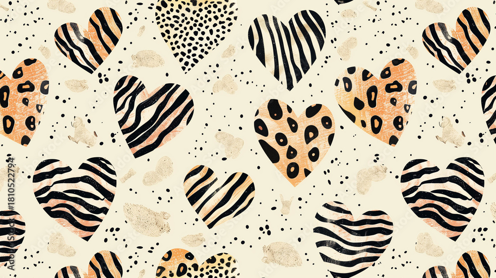 Obraz premium Seamless pattern of hearts with animal print textures including zebra and leopard spots