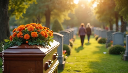 Casket with orange flowers in cemetery. Mourners walk in background. Funeral service on sunny day with green grass and trees. Headstones and graves are visible.