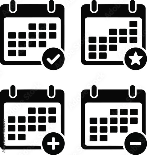Calendar icons with checkmark star plus minus symbols for scheduling and planning concepts vector