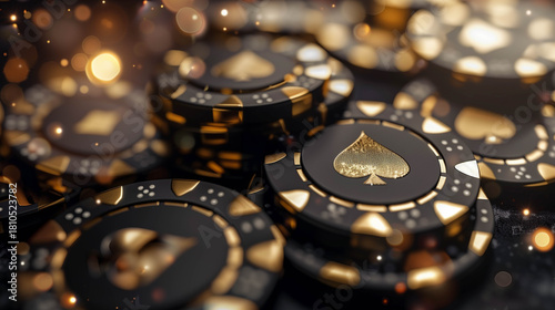 Luxurious black and gold casino chips stacked with glowing bokeh light effects