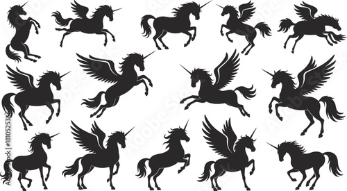 Fantasy unicorn silhouettes, flying pegasus unicorns, magical creatures in motion, black vector icons, mythical horse poses, isolated on white background