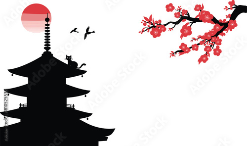 Japanese pagoda silhouette, red sun background, cherry blossom branch, flying birds, sitting cat, traditional architecture, minimal design, cultural illustration