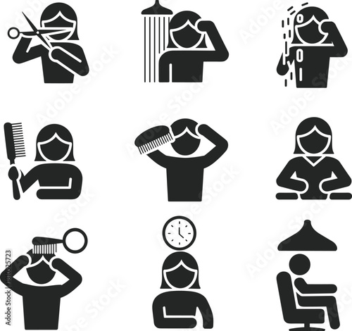 Haircut, shampoo, combing, salon, hair care, styling, consultation, inspection, waiting, dryer, beauty, grooming, hygiene, professional, service, routine, treatment, wellness, barber, client