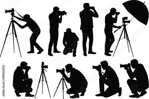 Photographer silhouettes, camera poses, tripod setup, professional photography, studio gear, outdoor shoot, kneeling stance, creative angles, black figures, lighting umbrella