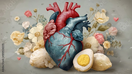 An anatomical heart is depicted in the center, surrounded by a bouquet of flowers and two eggs, one halved.