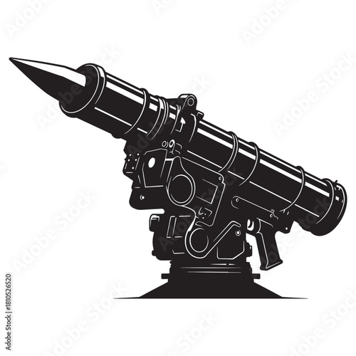 Heavy Military Weapon Systems Vector Illustrations Set (Missile Launcher Turret and Tactical Rifle).