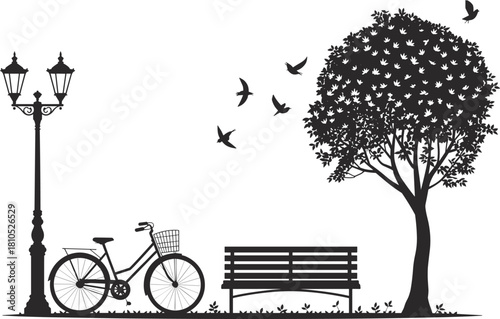 Peaceful park silhouette, vintage street lamp, bicycle with basket, wooden bench, leafy tree, flying birds, tranquil nature, outdoor relaxation scene