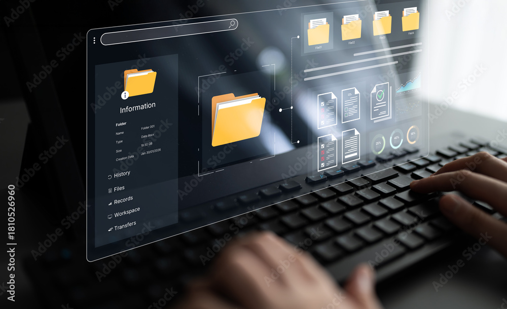 Naklejka premium A user interface for a document management system. The dashboard provides file organization, a project workspace, and data analytics for corporate information management. Fermion