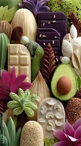 A visually striking composition featuring chocolate bars, avocado, nuts, and floral-like shapes.