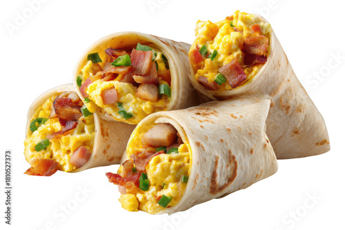 Group of Breakfast Burritos with Bacon and Eggs food isolated on a transparent background