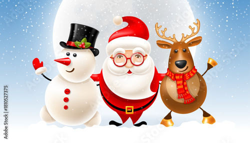 Magical Christmas Decoration Image on a Warm, Festive Background – Sparkling Christmas Trees Adorned with Twinkling Lights, Red Ribbons, and Glittering Ornaments, Complemented by Plush Santa Clauses, 