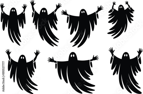 Spooky ghost silhouettes, Halloween cartoon spirits, black scary shapes, playful haunted figures, creepy floating phantoms, eerie costume design elementsSpooky ghost silhouettes