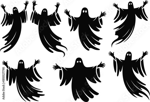 Spooky ghost silhouettes, Halloween spirits, haunted shadows, eerie figures, scary monsters, black shapes, supernatural beings, horror design, creepy characters, night terror