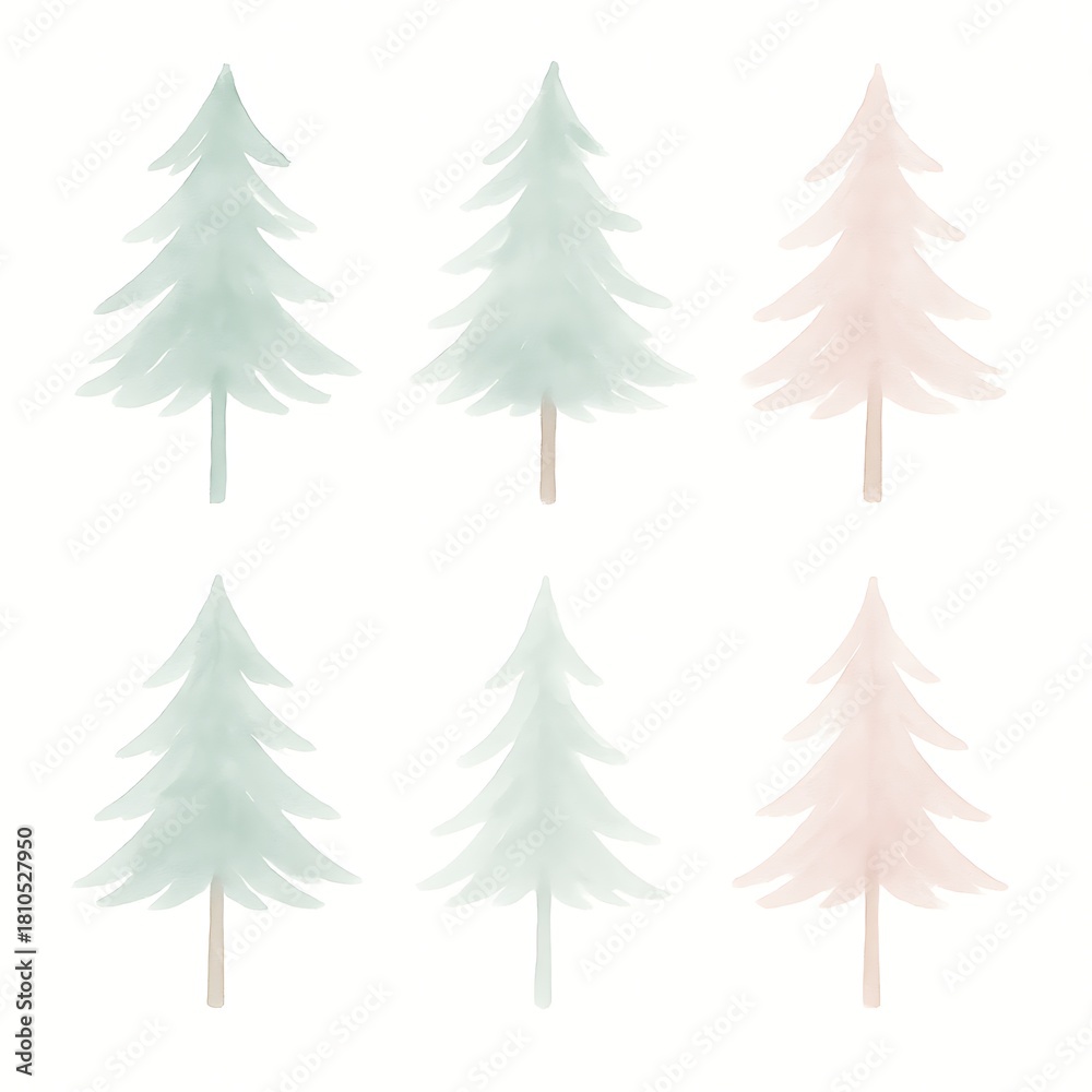 Obraz premium Minimalist Xmas Brush Pack Soft Pastel Trees in Various Shades for Minimalist Decor