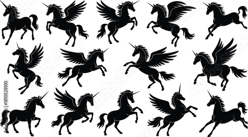 Fantasy unicorn silhouette set, flying pegasus unicorns, mythical horse poses, black vector creatures, magical animal grid, rearing, galloping, flying
