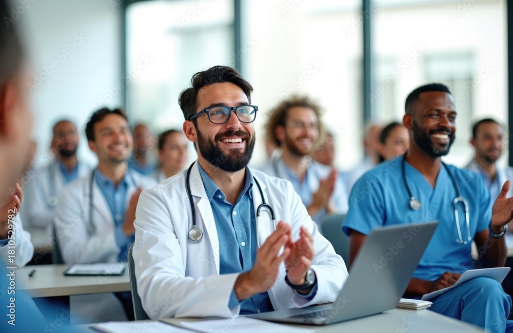 Obraz premium Doctors applaud at medical conference. Group listens presentation. Smiling physicians happy during training session. Diverse medical professionals in meeting. Healthcare experts attend conference.