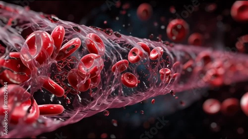 Atherosclerosis  plaque buildup. Artery blockage. Cholesterol cardiovascular. Vascular disease circulation. Close-up view of red blood cells flowing through a blood vessel.