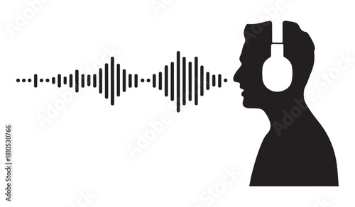  Silhouette of a man wearing headphones with a sound wave emanating from his head