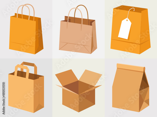 This illustration showcases a variety of stylish paper bags and boxes, emphasizing eco-friendly packaging solutions in attractive designs for modern consumers and businesses.