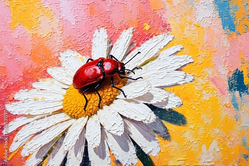 A vibrant, textured painting of a red ladybug perched on the center of a radiant daisy, with bold strokes of orange, pink, and yellow creating a dynamic, almost surreal floral backdrop.