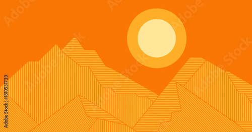 A vibrant retro-styled illustration of mountains and a sun setting, embodying tranquility and nature, suitable for outdoor-themed products or nature enthusiasts.