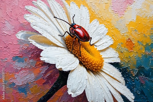 A vibrant red beetle perches on the golden center of a white daisy, set against a textured, painterly background in warm hues of pink and orangecreating a striking, artistic macro scene.