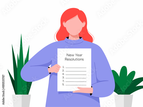 A woman holding a paper sheet labeled 'New Year Resolutions,' motivating viewers to set goals and aspirations for the upcoming year with vibrant indoor plants in the background.