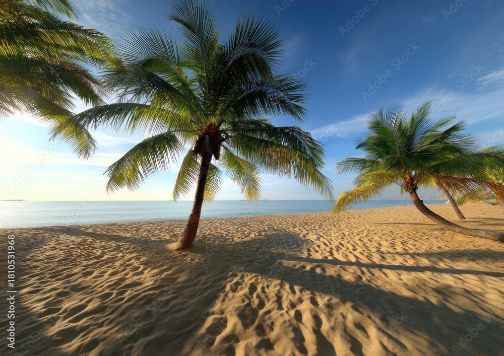 Obraz premium Tropical beach scene with palm trees at sunrise.