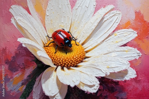 A vibrant red beetle perches on the golden center of a white daisy, set against a textured, painterly background in warm hues of pink and orangecreating a striking, artistic macro scene.