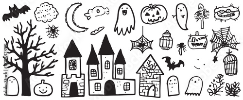 Set of cute Halloween doodle clip art, vector lines, simple shapes, icons for coloring book, vector line drawings of spooky Halloween characters and objects such as ghost letters, mummy face mask, pum