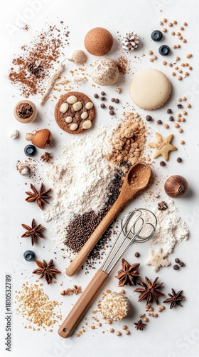 A collection of baking ingredients and tools, such as flour, cookies, spices, blueberries, chocolate chips, a wooden spoon, and a whisk, are artfully arranged o