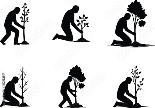 Tree planting silhouette, environmental conservation, reforestation teamwork, kneeling gardener, nature care, forest restoration, eco-friendly action, sustainability, climate solution, green future