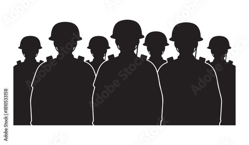  Silhouette of a group of soldiers standing in formation wearing helmets and uniforms