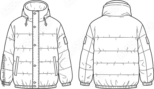 Technical fashion sketch, puffer jacket front and back, quilted coat design, winter outerwear, garment construction, apparel illustration, hooded silhouette