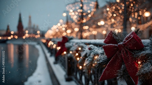 Festive decorations line the Moscow River in Winter with red velvet bows