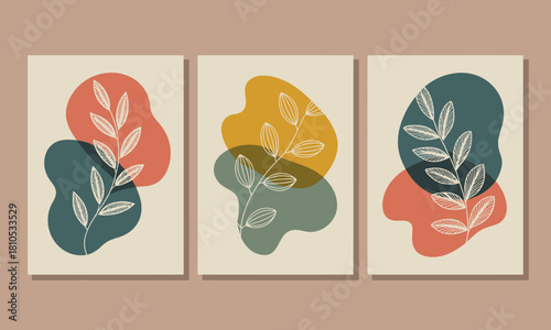 A trio of artistic illustrations showcasing leaves in abstract forms and colorful backgrounds, celebrating nature's beauty and its calming influence on our lives through art.