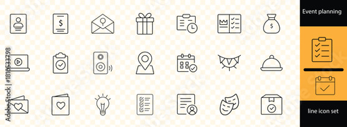 Event planning set of web icons in linear style. Event organization icons for web and mobile app. Management, wedding, entertainment, catering, invitations, catering, coordination.