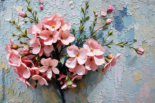 A vibrant pink floral arrangement painted with thick, textured brushstrokes on a cracked blue canvas background, evoking an impressionistic and tactile art style.