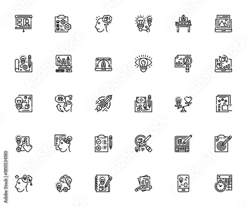 Design Thinking icon set. Vector illustration. Inclues symbols for idea, braintorm, prototype, research,creative mind, sketchbook,evaluation, target and mor.