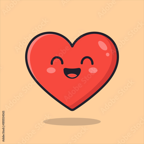 Smiling Red Heart Character with Black Outline and Rosy Cheeks.