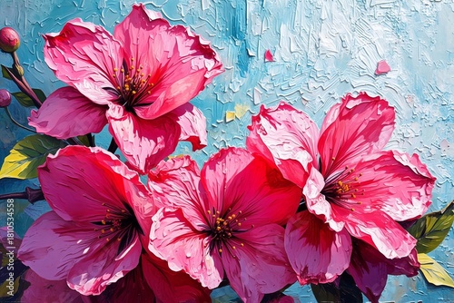 Vibrant pink cherry blossoms bloom against a textured, light blue background, rendered in bold impasto style with vivid details and delicate petals.