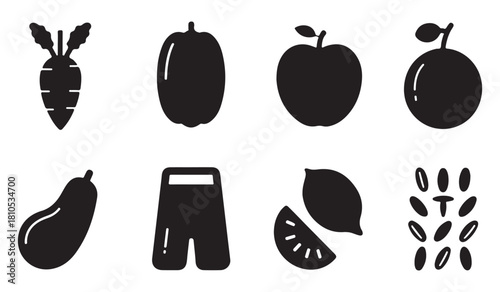  Collection of simple black silhouette icons representing fresh produce and clothing items on a white background