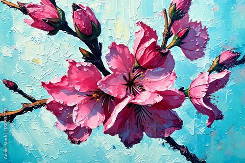 Vibrant pink cherry blossoms bloom against a textured, light blue background, rendered in bold impasto style with vivid details and delicate petals.