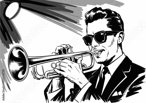 An artistic depiction of a jazz musician playing the trumpet, capturing the essence of the music genre through bold contrasts, black and white tones, and stylish sunglasses.