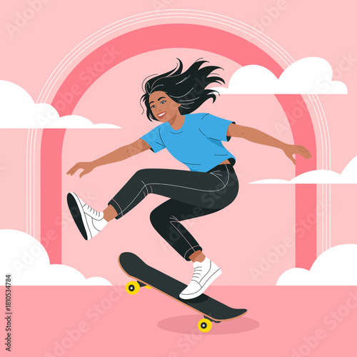 An energetic illustration featuring a young skateboarder performing tricks against a vibrant pink background with clouds, embodying youth and active lifestyle.