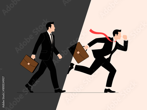 This image illustrates a businessman in transition, depicting the stark contrast between a calm demeanor and an urgent rush, symbolizing the pressures of modern work life.