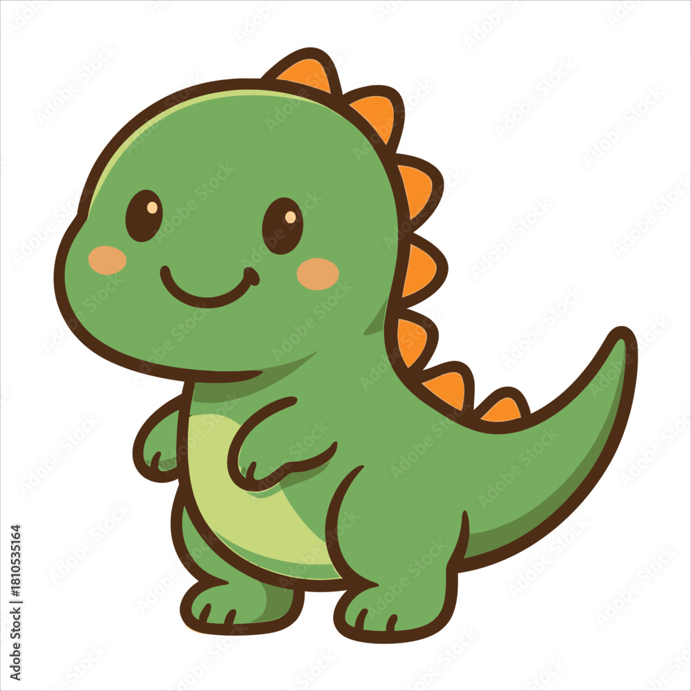 Naklejka premium Adorable Green Cartoon Dinosaur with Orange Spikes and a Sweet Smile.