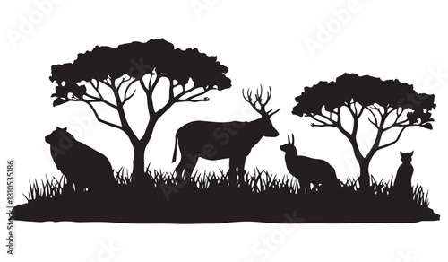  Silhouette of various animals and trees in a natural landscape setting