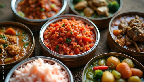 Fototapeta Naklejka Na Ścianę i Meble -  Various Bhutanese dishes showcase rich culinary tradition. Curries, salads, and rice are served in bowls. Bowls are arranged on a table offering a variety of flavours, colors, food experiences.