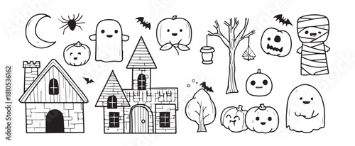 Set of cute Halloween doodle clip art, vector lines, simple shapes, icons for coloring book, vector line drawings of spooky Halloween characters and objects such as ghost letters, mummy face mask, pum